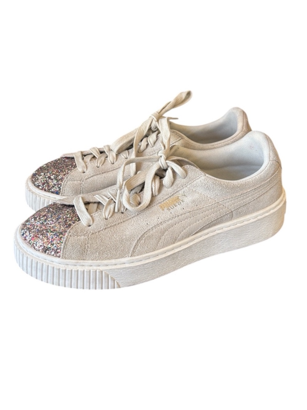 Puma‎ Offwhite Suede and Glitter Toe Sneakers Size 9 EU 40